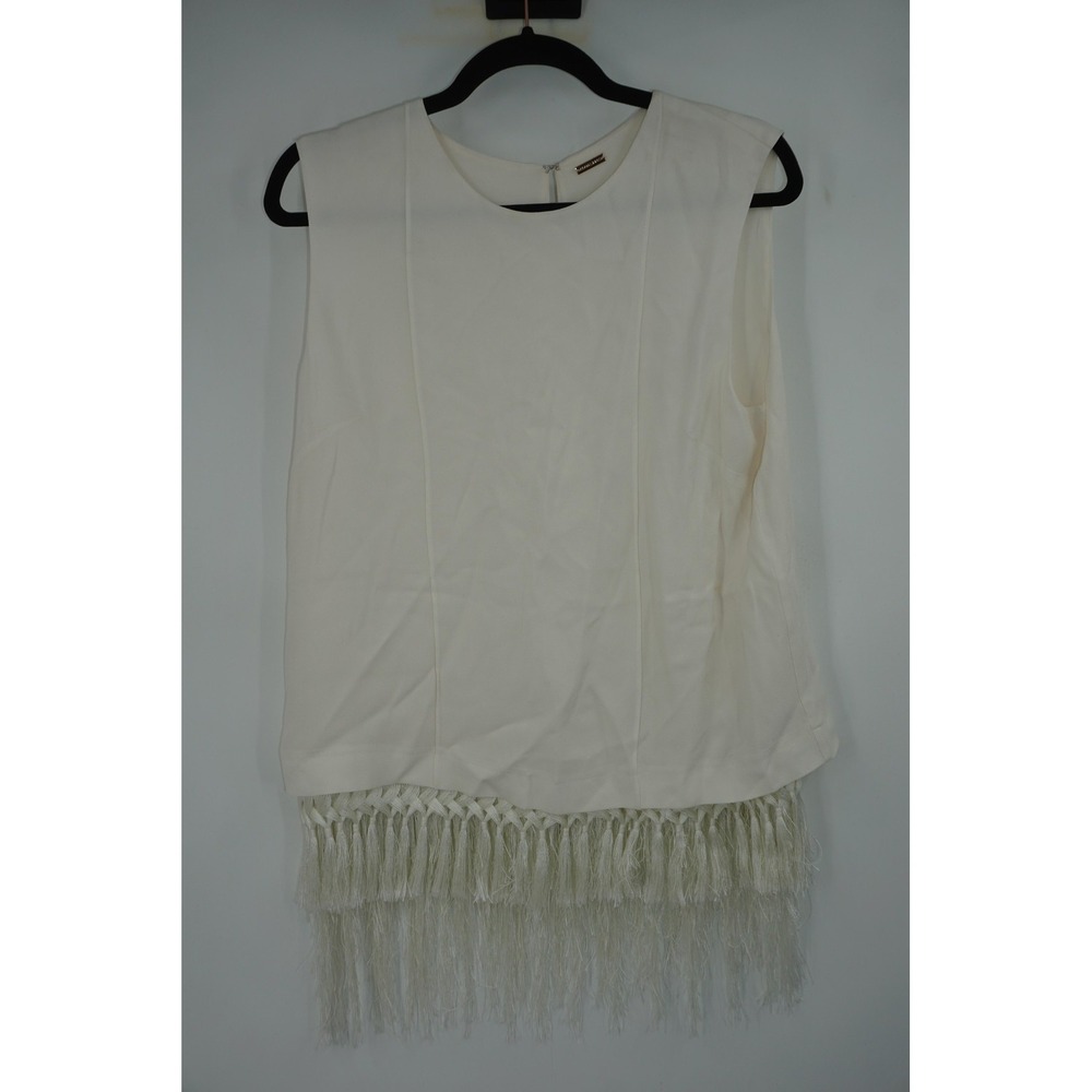 Adam Lippes Blouse Womens 8 White Sleeveless Fringe Hem Silk Lined Tank Top‎